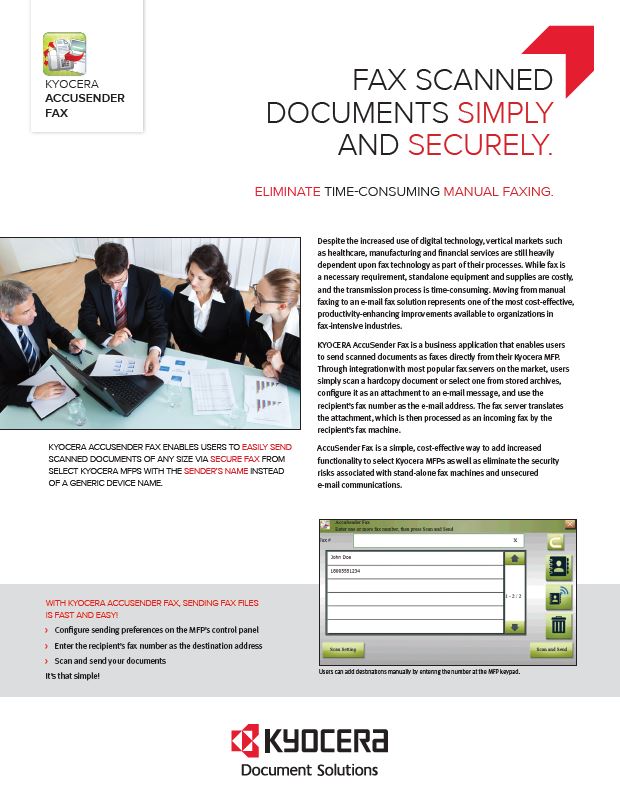 Kyocera Software Capture And Distribution Accusender Fax Brochure Thumb, Hudson Imaging Systems, Kyocera, Dealer, Reseller, Oklahoma, Texas, Canon, Copier, Printer, Wide Format
