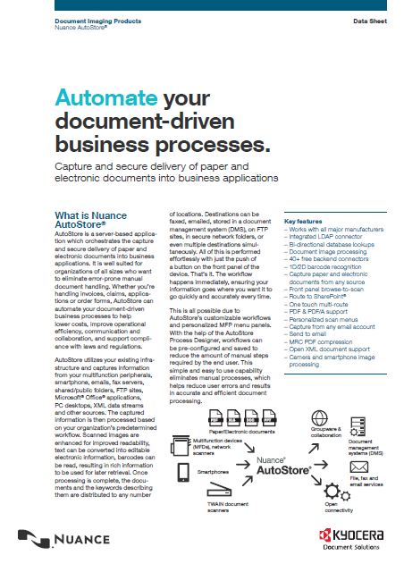 Kyocera Software Capture And Distribution Nuance Autostore Data Sheet Thumb, Hudson Imaging Systems, Kyocera, Dealer, Reseller, Oklahoma, Texas, Canon, Copier, Printer, Wide Format
