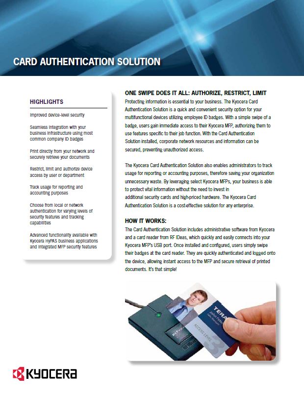 Kyocera Software Cost Control And Security Card Authentication Data Sheet Thumb, Hudson Imaging Systems, Kyocera, Dealer, Reseller, Oklahoma, Texas, Canon, Copier, Printer, Wide Format