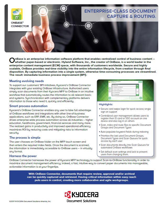 Kyocera Software Document Management Onbase Connector Data Sheet Thumb, Hudson Imaging Systems, Kyocera, Dealer, Reseller, Oklahoma, Texas, Canon, Copier, Printer, Wide Format